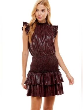 NWT Faux Snakeskin Sleeveless Ruffle Tiered Mini Dress in Burgundy Women's